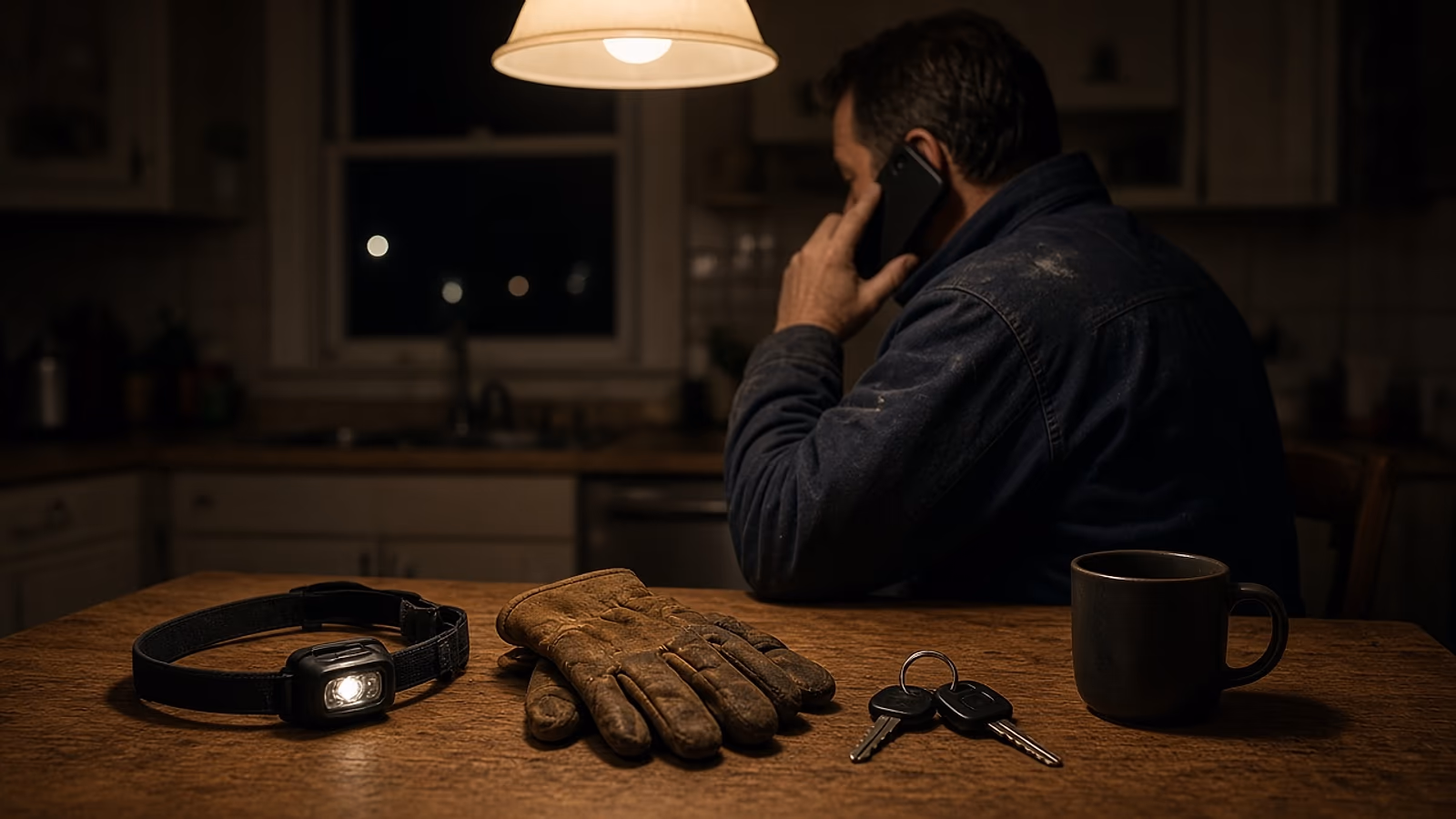 Plumber in a work jacket answering a phone call at a kitchen table at night, with a headlamp and work gloves beside a set of van keys