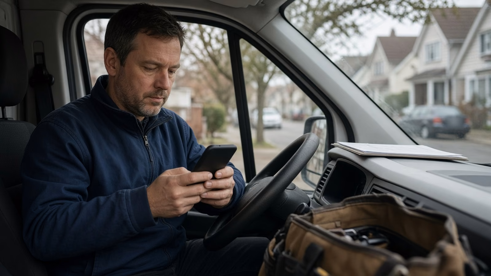HVAC and plumbing shop owner sitting in a service van, updating the business profile on a phone with a clipboard on the dashboard