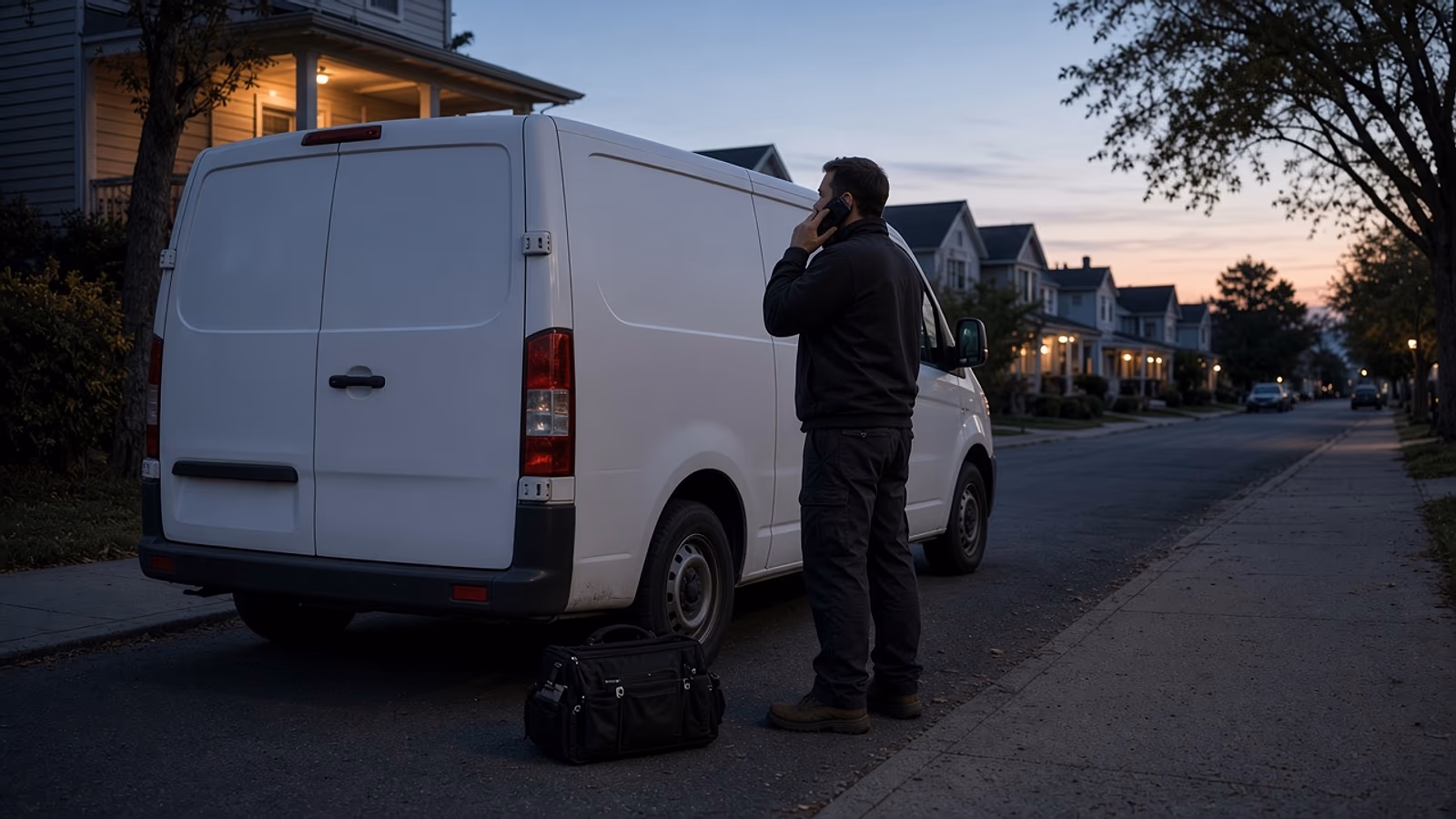 HVAC technician on a phone call beside a service van in a residential street at dusk, with a toolbag on the ground beside them