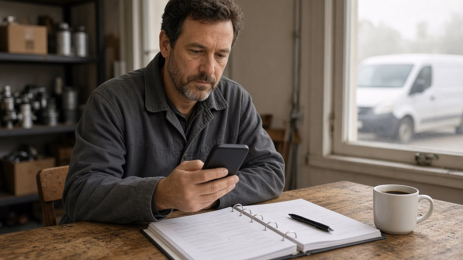 Plumbing and HVAC shop owner at a desk in a small office, reading a phone next to an open job binder and a mug of coffee