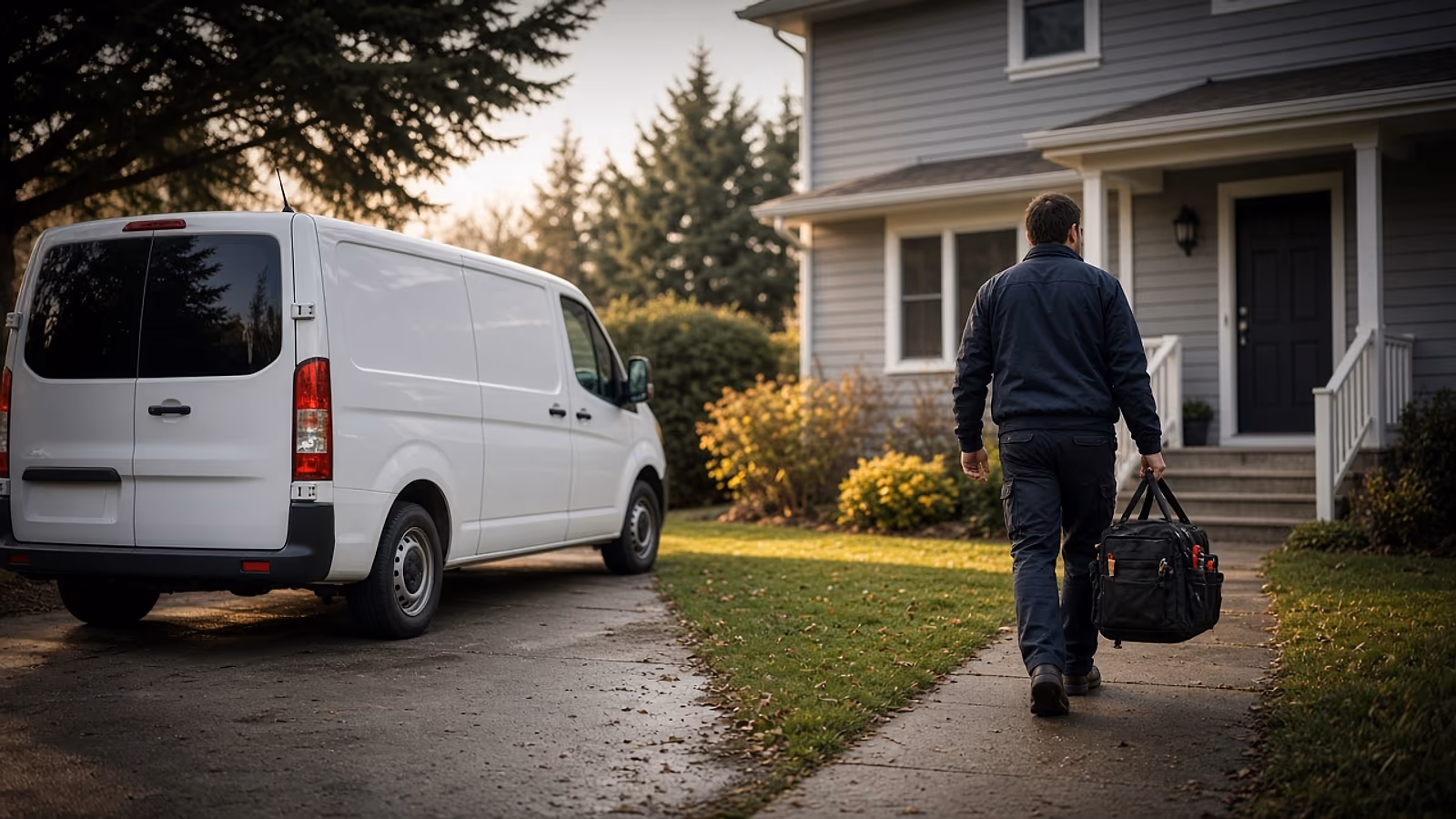 White service van parked in a suburban driveway while a technician walks to the front door with a toolbag