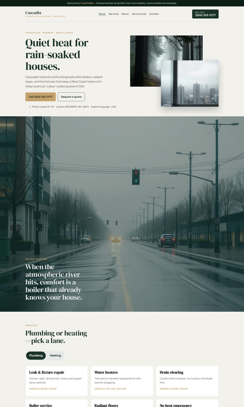 Desktop preview of the fictional Cascadia Hydronics & Plumbing website (Plumbing + Heating, Vancouver, BC)