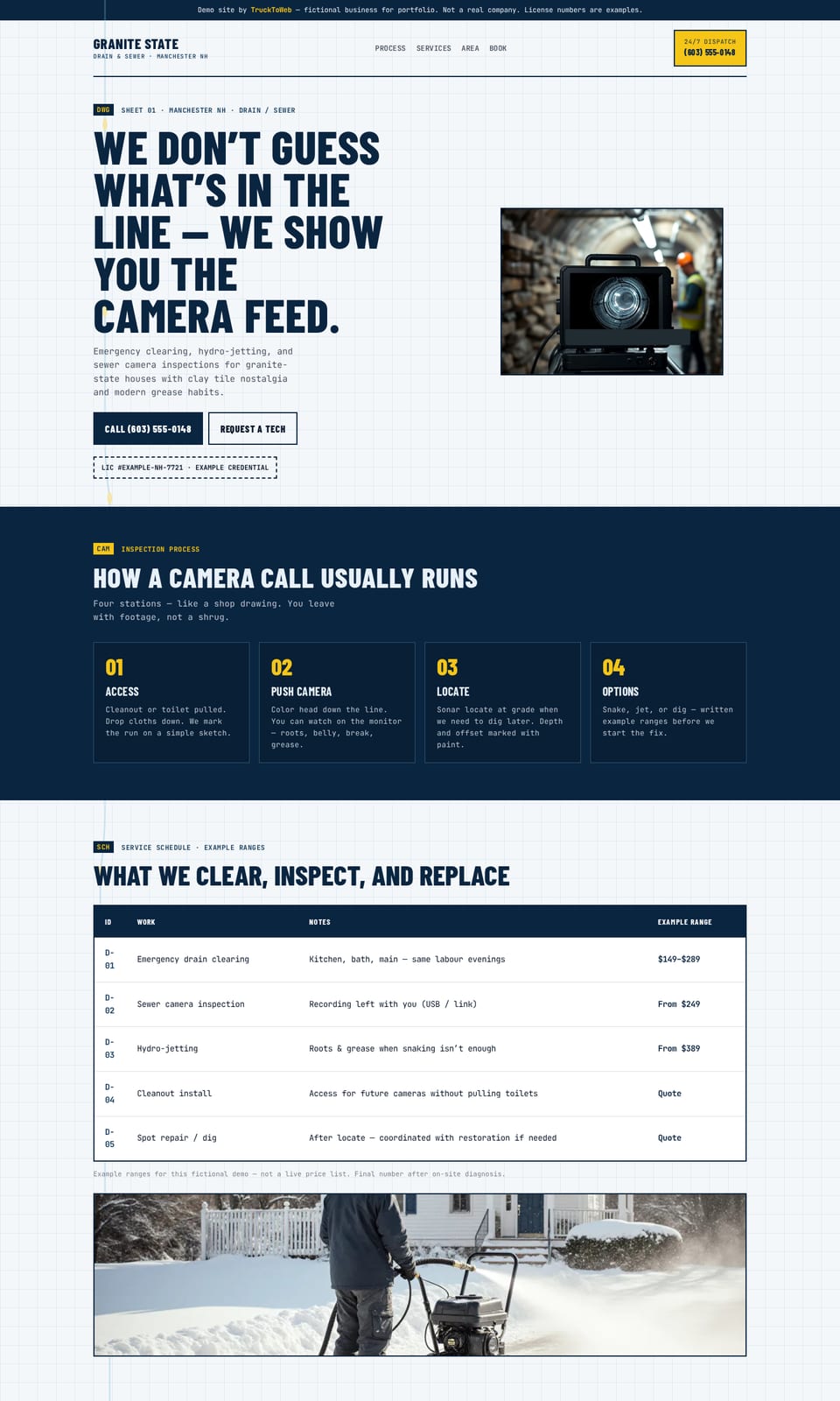 Desktop preview of the fictional Granite State Drain & Sewer website (Plumbing, Manchester, NH)