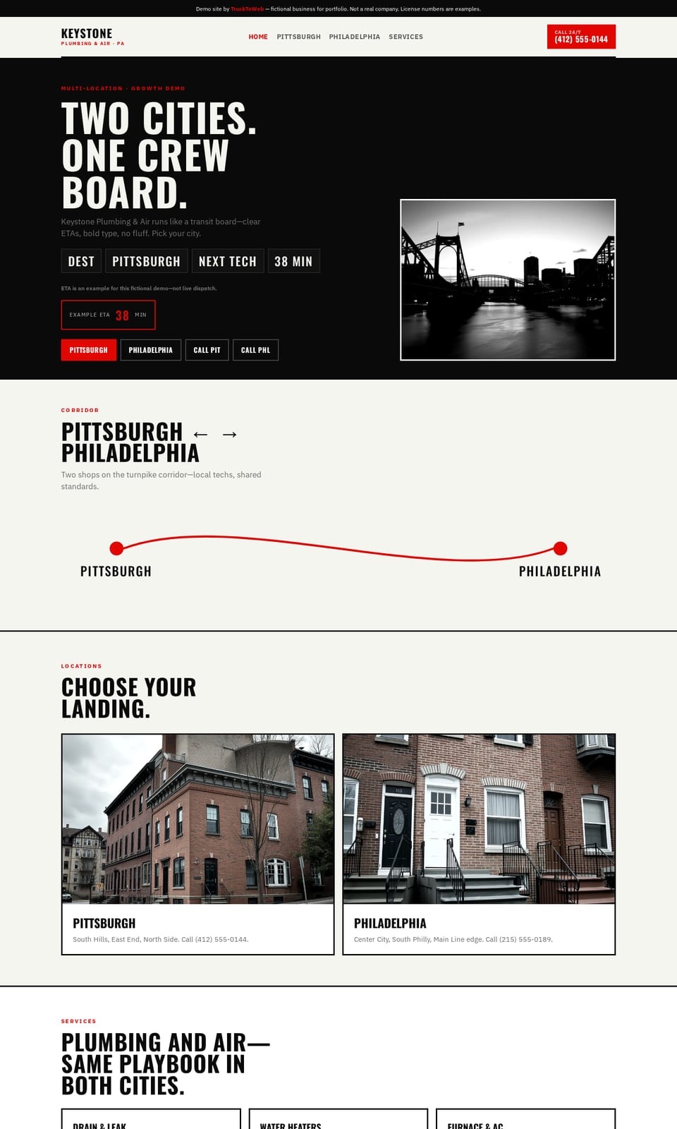 Desktop preview of the fictional Keystone Plumbing & Air website (Plumbing + HVAC, Pittsburgh + Philadelphia, PA)