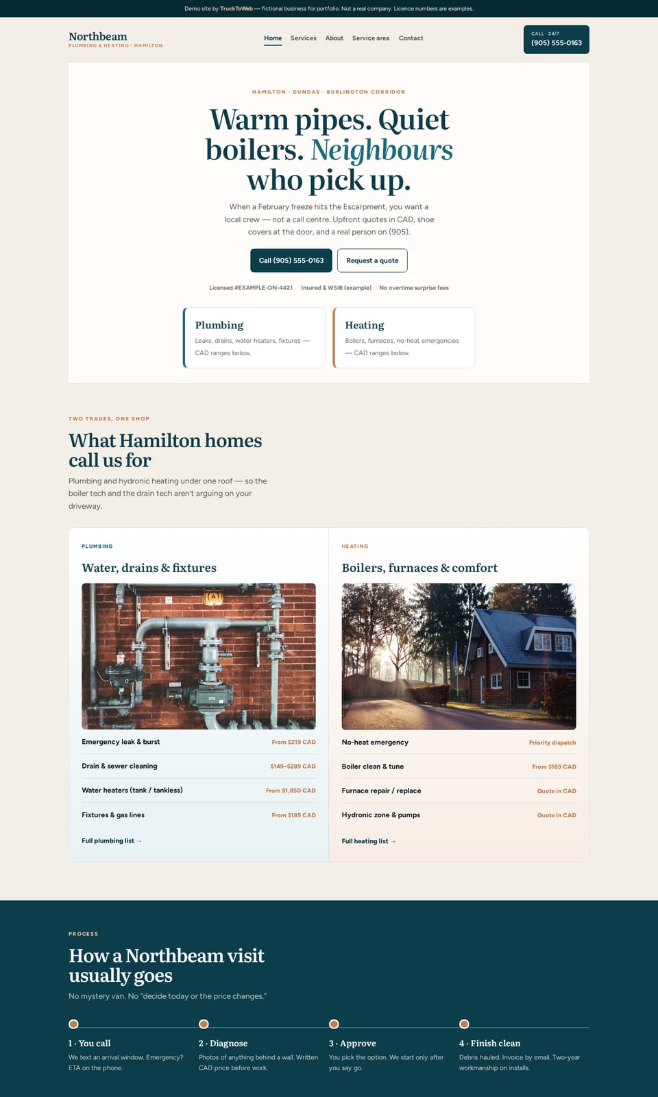 Desktop preview of the fictional Northbeam Plumbing & Heating website (Plumbing + HVAC, Hamilton, ON)