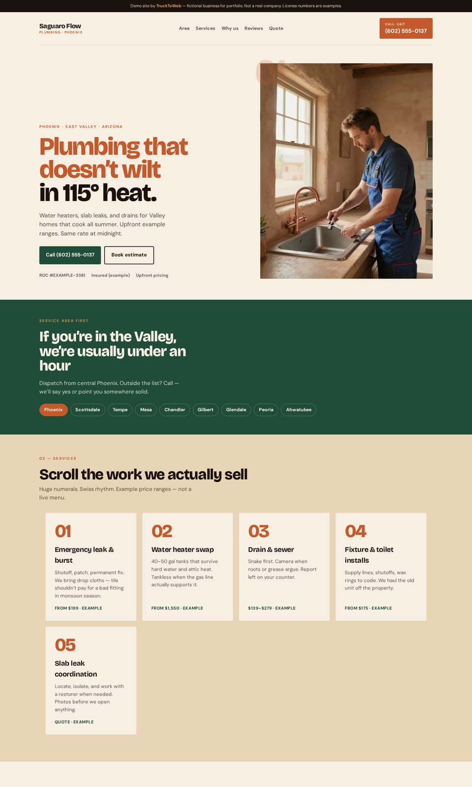 Desktop preview of the fictional Saguaro Flow Plumbing website (Plumbing, Phoenix, AZ)