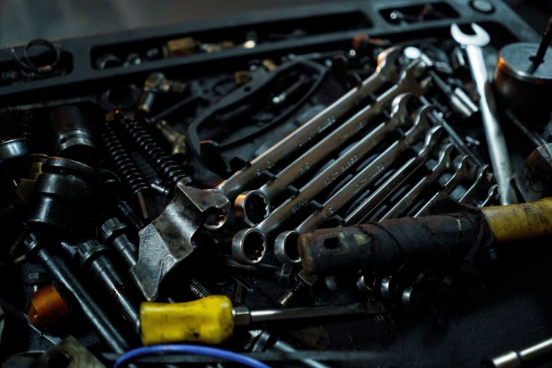 Close-up of wrenches laid out in a toolbox